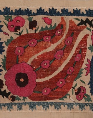 Lot 435 - A good embroidered linen bolster panel,...