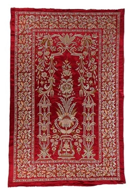 Lot 444 - An embroidered red satin hanging, similar...