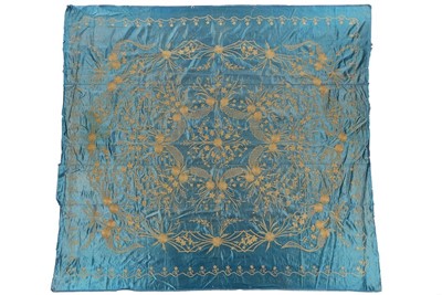 Lot 447 - An embroidered deep turquoise-blue satin...