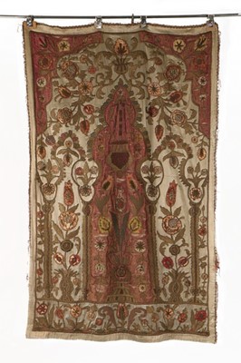 Lot 453 - An embroidered mehrab or prayer arch, Turkish,...