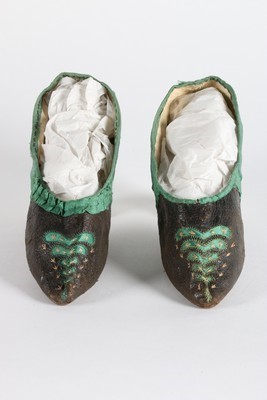 Lot 47 - A pair of emerald green satin and black...