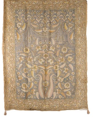 Lot 460 - A large embroidered grey satin cover, Turkish,...