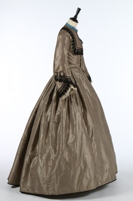 Lot 211 - A black and tan striped taffeta dress, late...