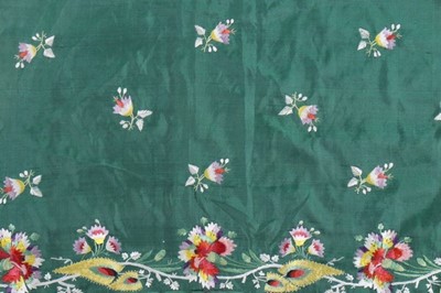 Lot 254 - A fine embroidered shot-green silk stole,...