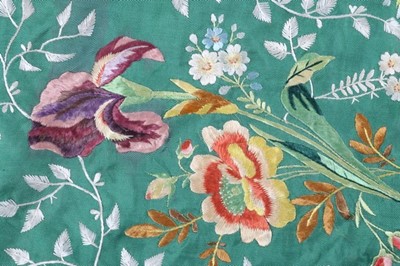Lot 254 - A fine embroidered shot-green silk stole,...