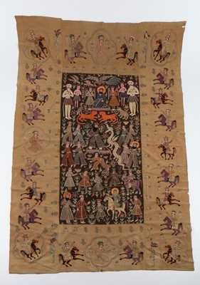 Lot 452 - A pair of Qajar dynasty embroidered panels,...