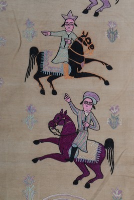 Lot 452 - A pair of Qajar dynasty embroidered panels,...