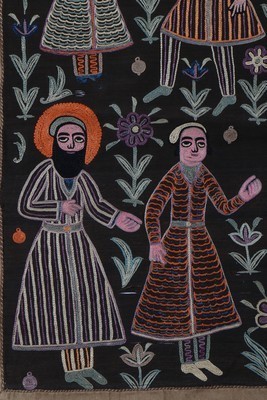 Lot 452 - A pair of Qajar dynasty embroidered panels,...