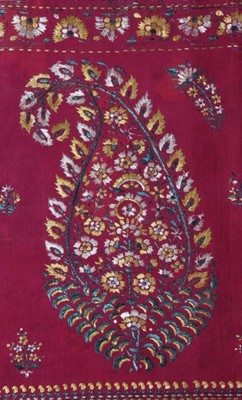 Lot 383 - An embroidered silk shawl or sari panel,...