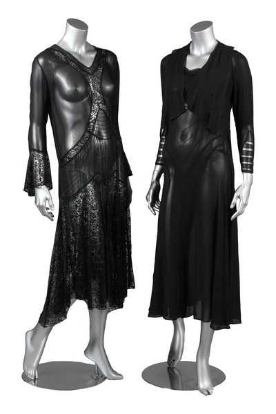 Lot 40 - Four black evening gowns, 1930s, of brocaded...