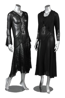 Lot 30 - Four black evening gowns, 1930s, of brocaded...
