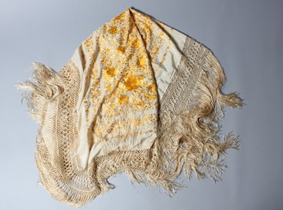 Lot 179 - An embroidered primrose silk shawl, Chinese,...