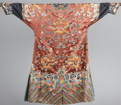 Lot 258 - An embroidered brown satin dragon robe, jifu,...