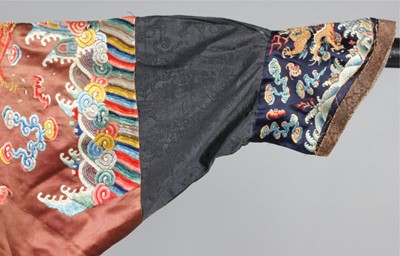 Lot 258 - An embroidered brown satin dragon robe, jifu,...