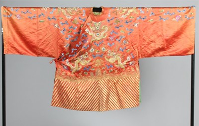 Lot 262 - A copper-brown satin embroidered dragon robe,...