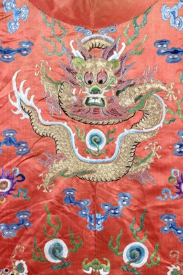 Lot 262 - A copper-brown satin embroidered dragon robe,...