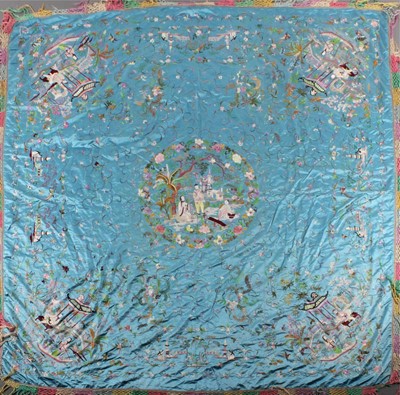 Lot 267 - A fine embroidered turquoise satin coverlet,...