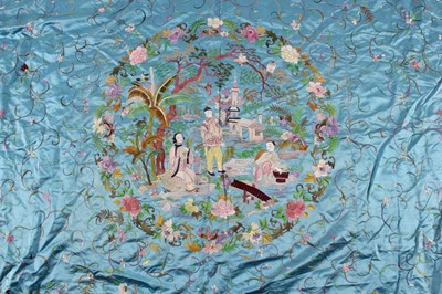 Lot 267 - A fine embroidered turquoise satin coverlet,...