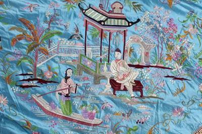 Lot 267 - A fine embroidered turquoise satin coverlet,...