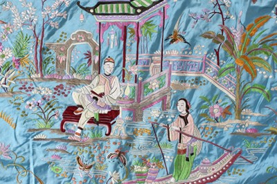 Lot 267 - A fine embroidered turquoise satin coverlet,...