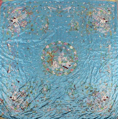Lot 267 - A fine embroidered turquoise satin coverlet,...