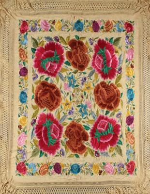 Lot 268 - A fine embroidered black silk shawl, Chinese,...