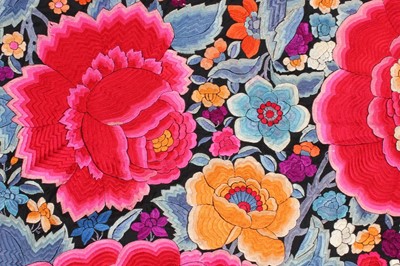 Lot 268 - A fine embroidered black silk shawl, Chinese,...