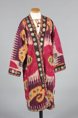 Lot 350 - Two striped ikat silk khalats/coats, Uzbek,...