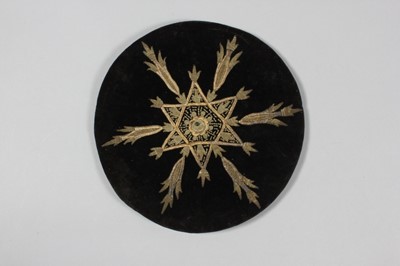 Lot 309 - A mirror in embroidered velvet travel mount,...