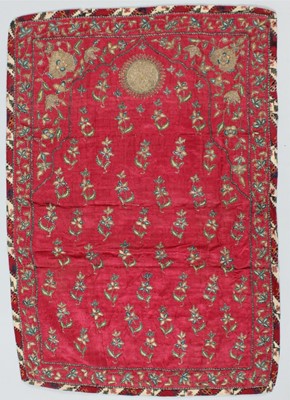 Lot 372 - A small embroidered satin prayer arch panel,...