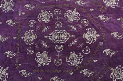 Lot 374 - An embroidered purple velvet torah curtain,...