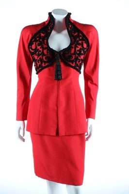 Lot 192 - A Lancetti couture scarlet silk cocktail suit,...