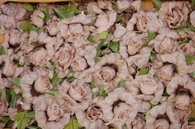 Lot 143 - Five boxes of silk flowers, mainly in shades...