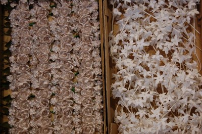 Lot 156 - Six boxes of bridal silk flowers and sprays,...