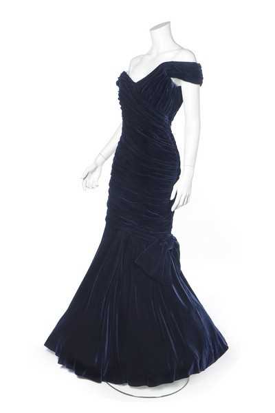 Lot 237 - Princess Diana's Victor Edelstein midnight-blue velvet evening gown