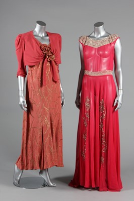 Lot 365 - A sequinned rose chiffon evening gown,...