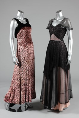 Lot 374 - Three evening gowns, 1930s, one of pink and...