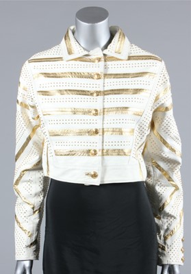 Lot 442 - A Versace gold studded white leather jacket,...