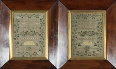 Lot 547 - A pair of embroidered samplers by two sisters -...